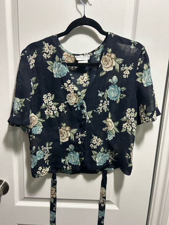 Miss Selfridge Tops - Miss Selfridge Navy Floral Tie-Front Blouse with Blue and Cream Roses